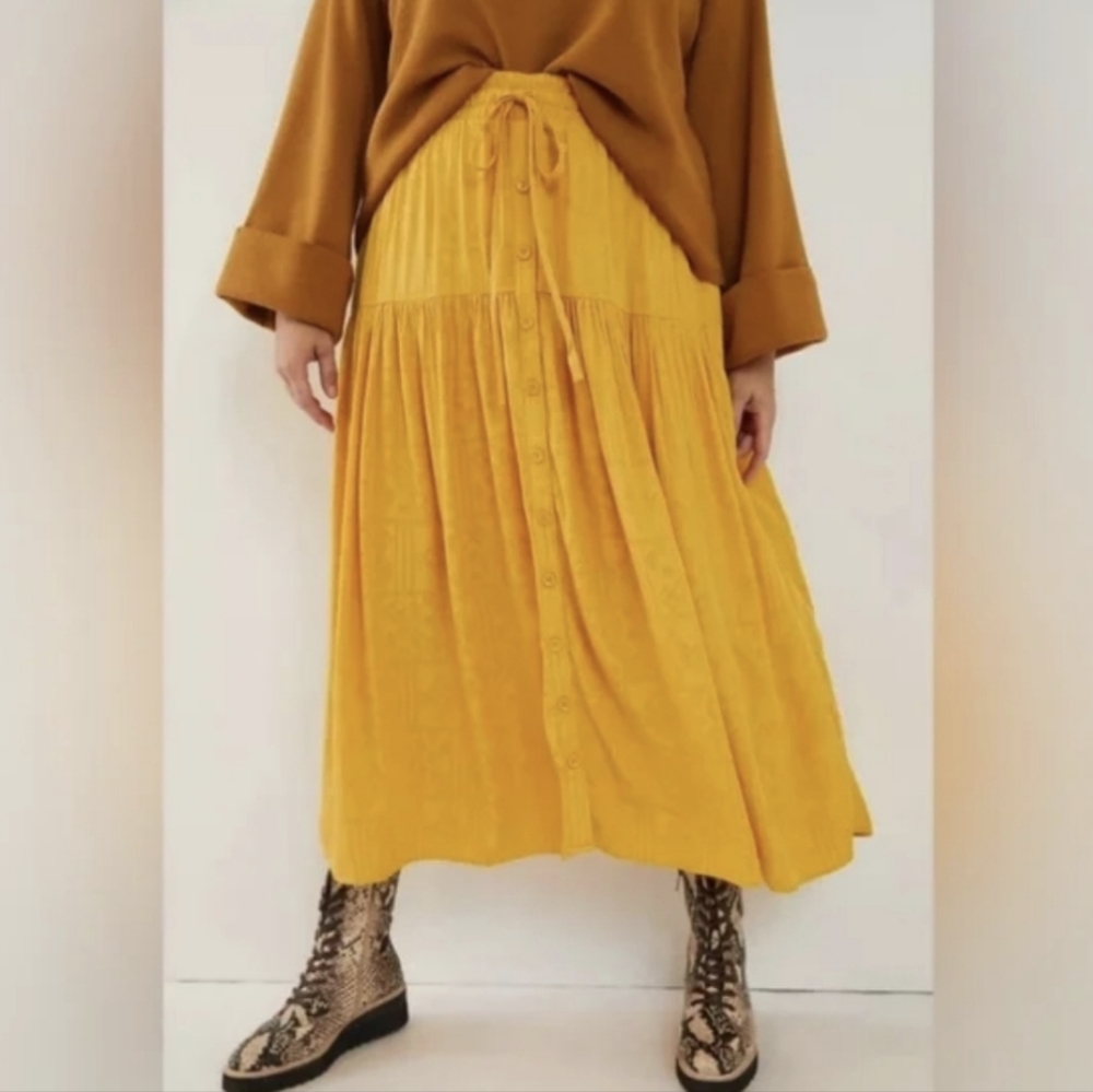 Maeve Mustard Yellow Midi Button-Front Skirt